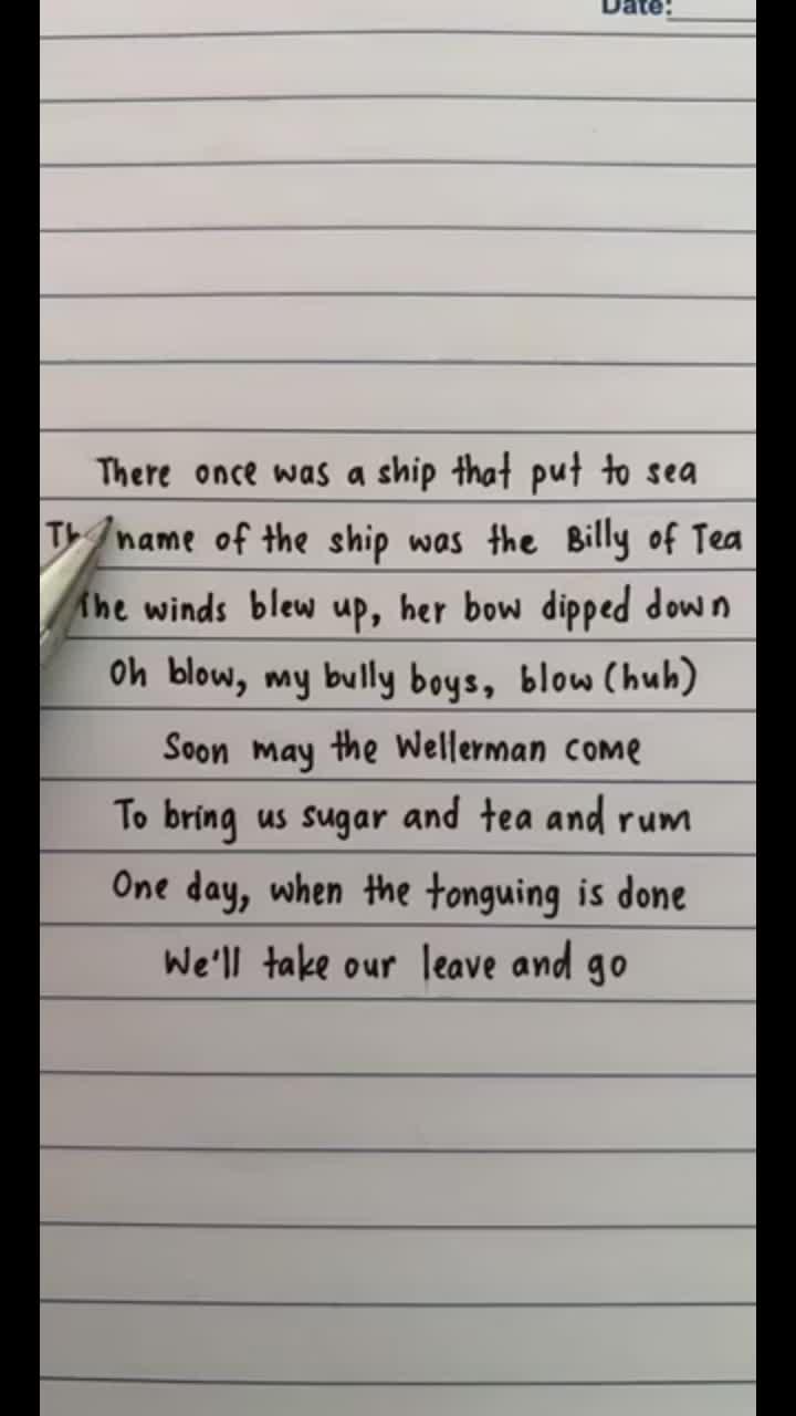 song: wellerman artist: nathan evans album: wenn die kälte kommt " there once was a ship put to sea the name of the ship was the billy o' tea the winds blew up, her bow dipped down oh blow, my bully boys, blow (huh) soon may the wellerman come to bring us sugar and tea and rum one day, when the tonguing is done we'll take our leave and go "